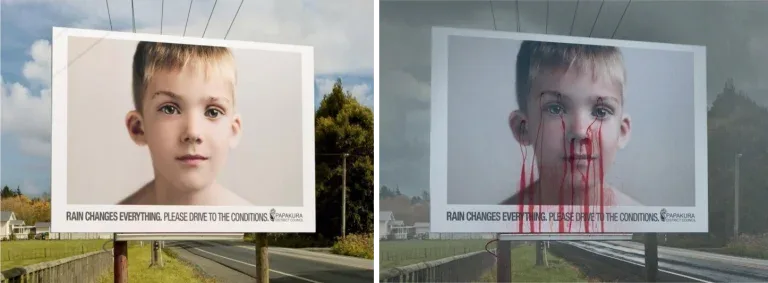 Billboard kampanii bezpieczeństwa drogowego Papakura z twarzą chłopca zmieniającą się podczas deszczu