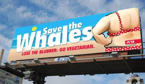 Billboard PETA z hasłem „Save the Whales” promujący dietę wegetariańską