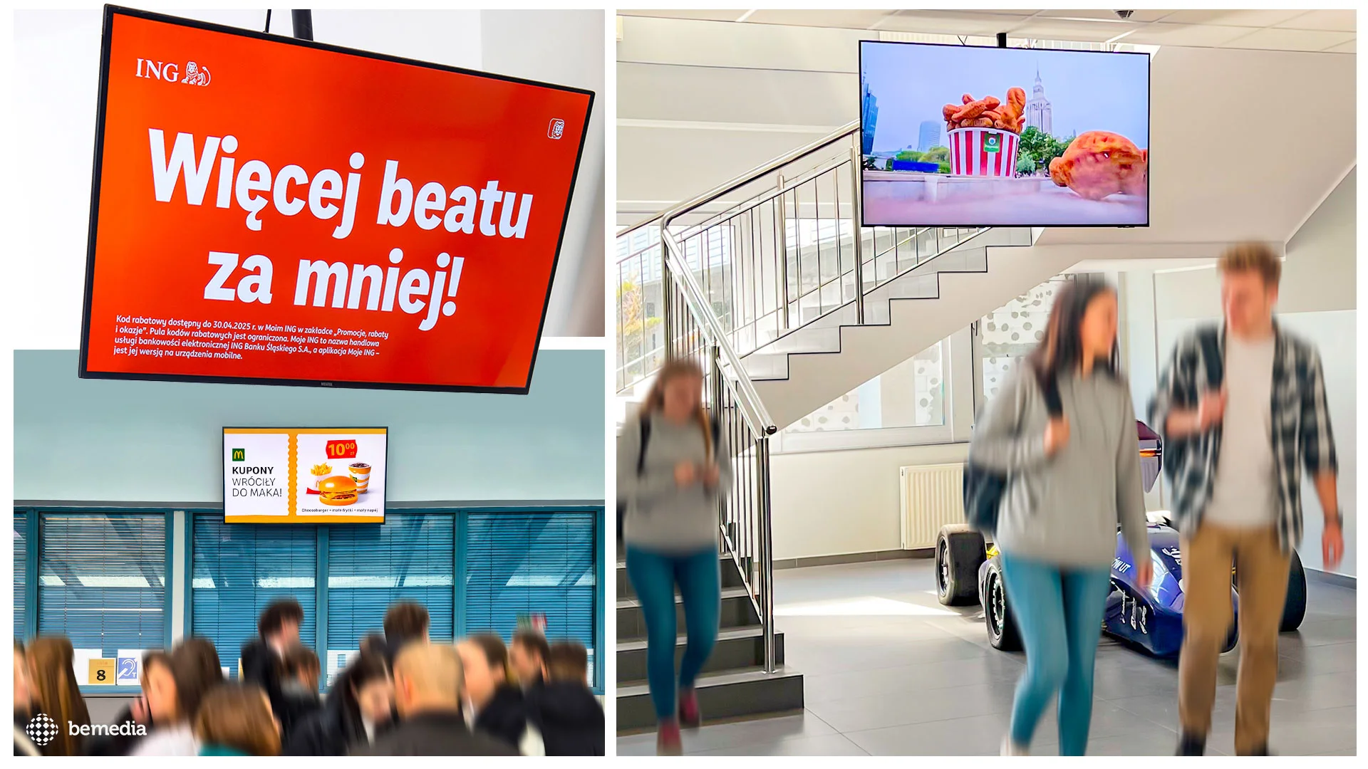 Zestaw ekranów digital signage wyświetlających reklamy ING, McDonald’s i innych marek w przestrzeniach publicznych