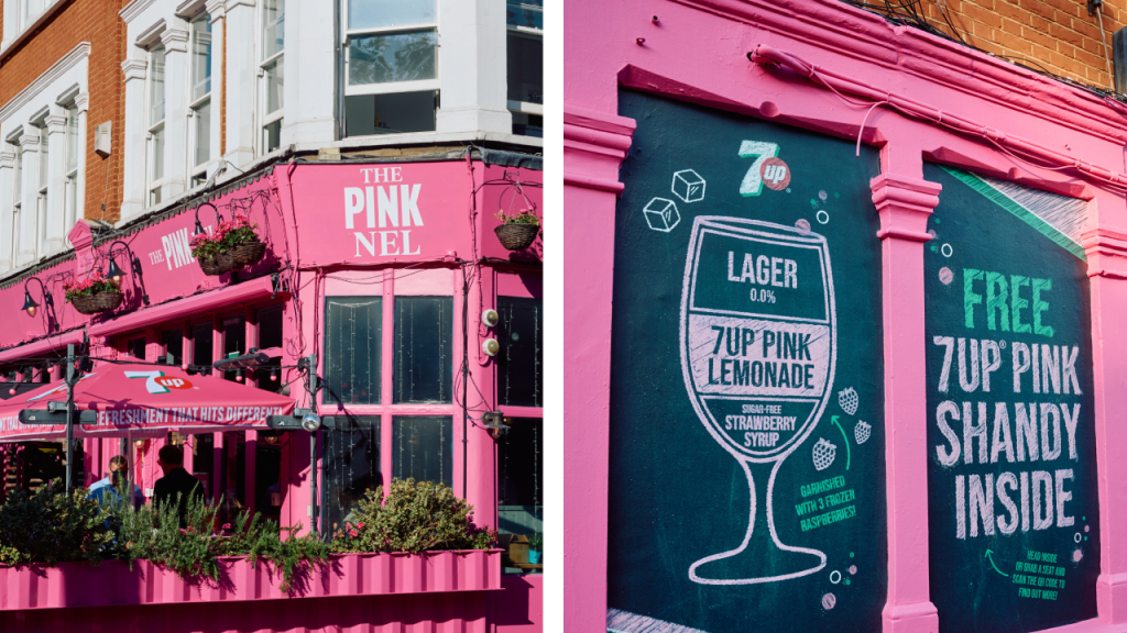 Różowy pub "The Pink Nel" ozdobiony reklamami napoju 7UP Pink Lemonade oraz tablicą kredową oferującą darmowe 7UP Pink Shandy.